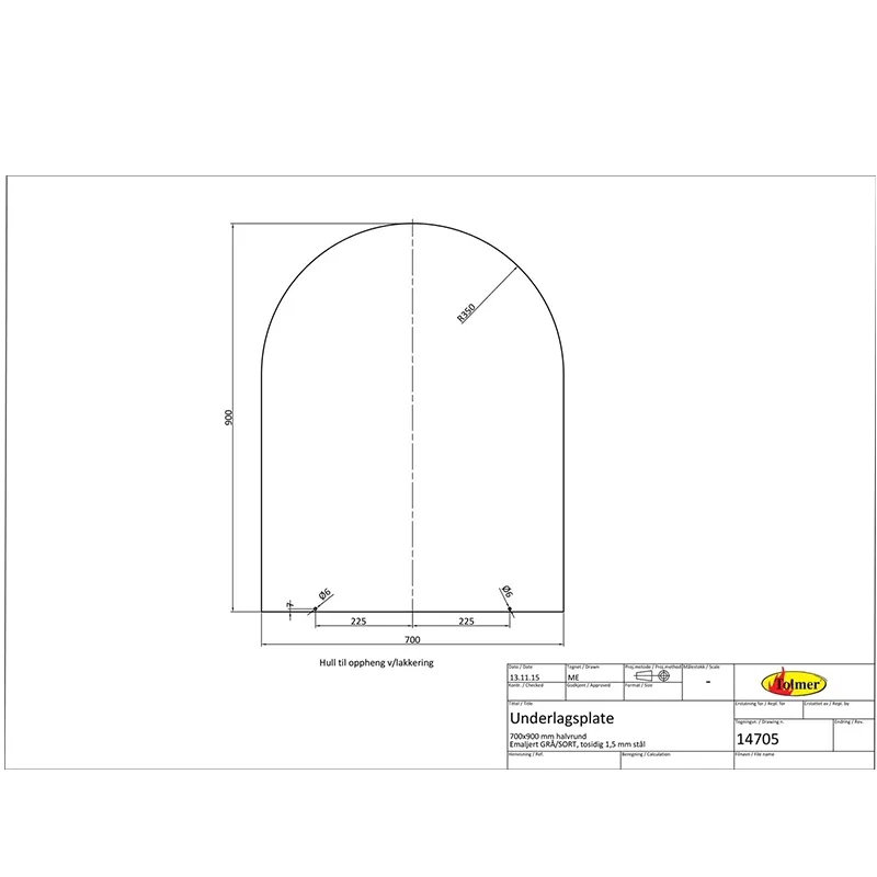 Underlagsplate  700×900 halvrund Sort emalje