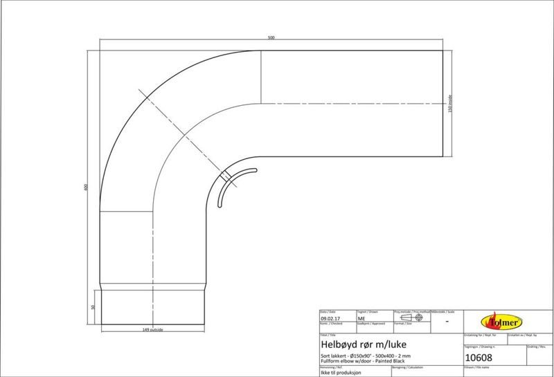 Røkrør helbøyd Ø150-500×400 m/luke sort 2.0mm